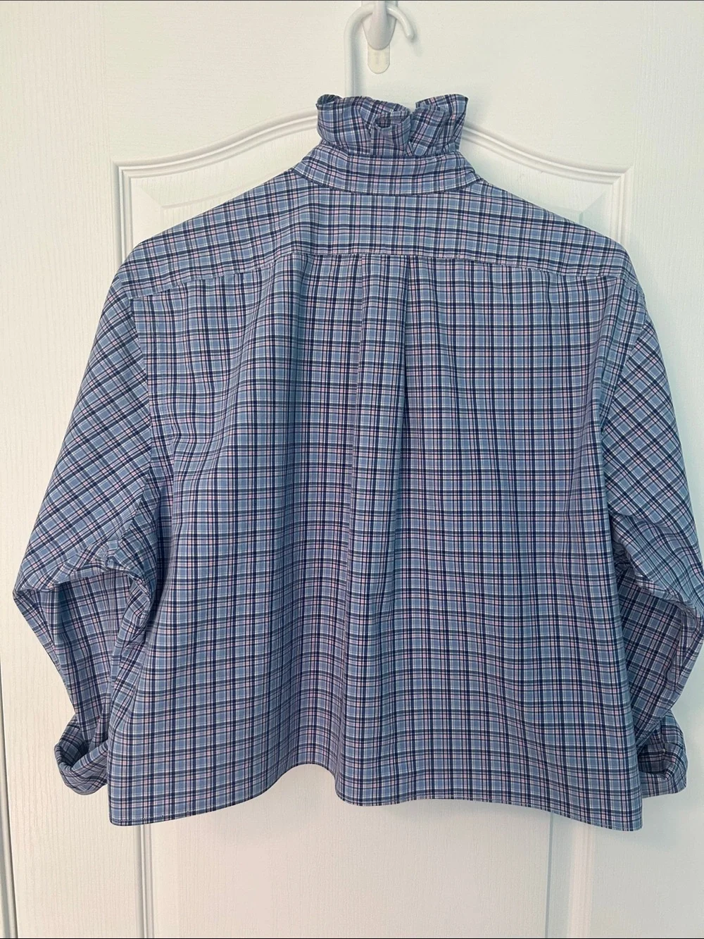 Upcycled Ralph Lauren Women’s Shirt Cropped Blue Pink Plaid with Ruffle Collar - Picture 3 of 12